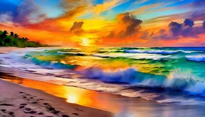 Oil painting sunset or sunrise sky over the ocean tropical beach. Tranquil seascape. Horizon over the water.