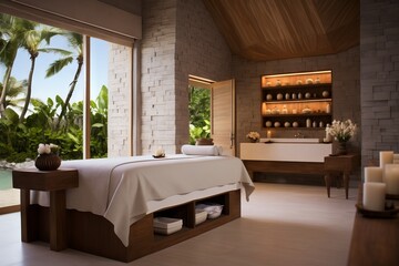 Modern luxury spa salon with a full-length window and palm trees outside, a bright room waiting for a client