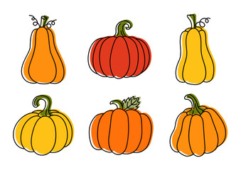 Hand drawn colored Pumpkins doodle collection. Vector bright linear harvest set on white background
