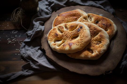 Moroccan batbout bread on a wooden surface