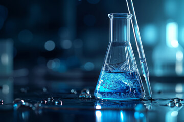 Beaker or test tube with light blue boiling liquid and glass pipette on a dark blue background with space for text or inscriptions.Research and experiment theme in the laboratory
