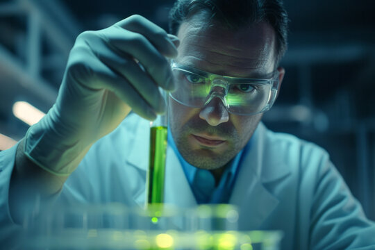 Biochemist, doctor or scientist with protective glasses doing experiment with test tube with light green liquid or doing research on virus and other dangerous substances. Theme of research in the labo