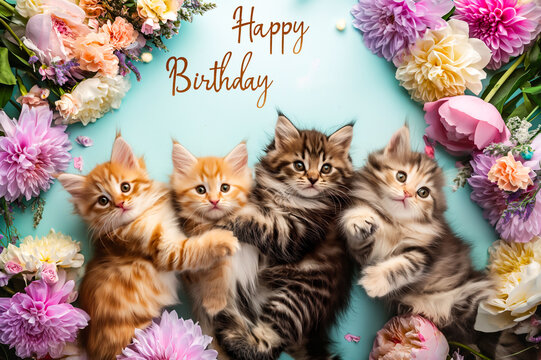 happy birthday card with group of cats and flowers