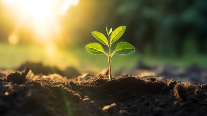 Green plant seedling growing on fertile soil with sunbeams and lens flare