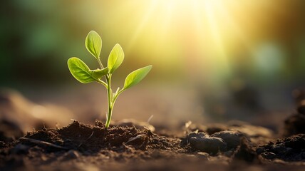 Green plant seedling growing on fertile soil with sunbeams and lens flare