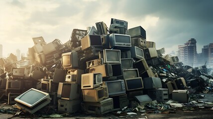 hard to recycle mass production computer in a garbage dump with city background - obrazy, fototapety, plakaty