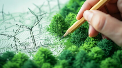 A close-up of a hand drawing wind turbines on paper, representing the concept of green energy and environmental innovation.