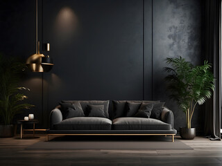 Modern dark home interior background design, wall mock-up, 3d rendering design.