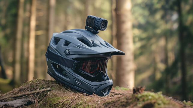 Mountain biking helmet with an attached action camera set in a forest environment. - Powered by Adobe