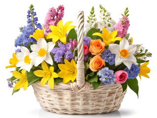 Colorful spring flowers in basket with white background