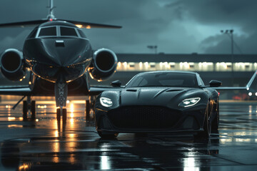 Luxury black private jet with sports black car at the airport, theme of rich and luxurious lifestyle of celebrities and businessmen
