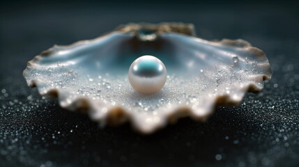 A luminous pearl rests inside an open seashell, set against a dark, sparkling backdrop, evoking luxury and beauty.