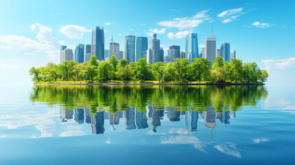 A serene waterfront view capturing the reflection of a modern city skyline on the calm water surface with a lush green island in the foreground.