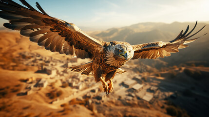 Aerial view bird of prey flying in the mountain landscape background