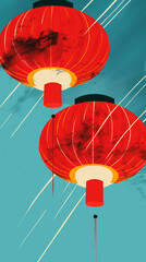 two red chinese lanterns, in the style of graphic design-inspired illustrations, sky-blue and amber, editorial illustrations, nyc explosion coverage, brian sum, mid-century illustration, strong diagon