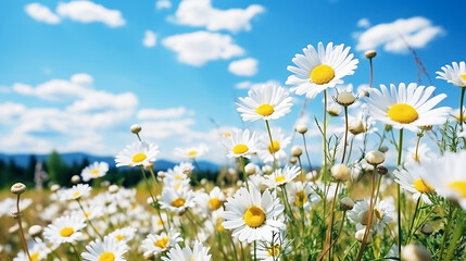 Daisies flower in the meadow with blue sky