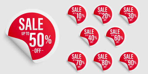 Up to 90 percent discount off sticker set. Different price, Red round speech bubble shape. Sign for advertising, banners, template, promo icons, Vector illustration isolated on white background.