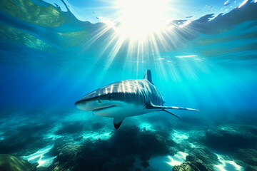 Close-up of a shark underwater. Underwater photography of sea animals. Background view from under...