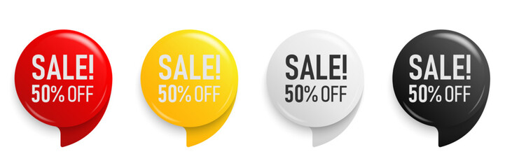 Up to 50 percent Discount. Button sticker mockup banner. Promotion sticker badge set for shopping marketing and advertisement clearance sale, special offer, Save 50 percent. Vector illustration.