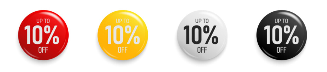 Up to 10 percent Discount. Button sticker mockup banner. Promotion sticker badge set for shopping marketing and advertisement clearance sale, special offer, Save 10 percent. Vector illustration. - obrazy, fototapety, plakaty