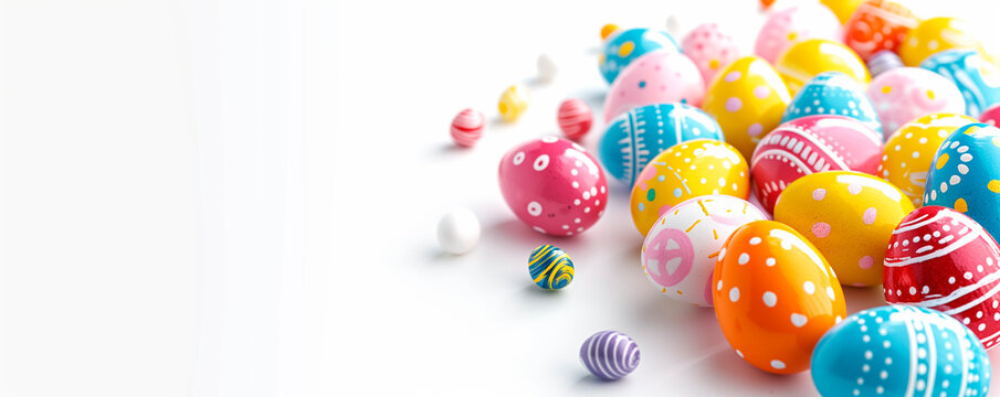 Easter banner with colored eggs in the corner on white background. Yellow, blue, pink and crimson color.