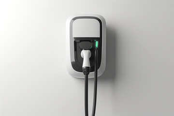 Home electric charger for an electric car. Car charger hanging on a white wall in the garage with an empty space for text or inscriptions
