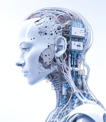 Realistic Artificial intelligence. Computer mind connections head. Human 3D head with circuit board inside. Engineering concept. Technology web background. Virtual concept