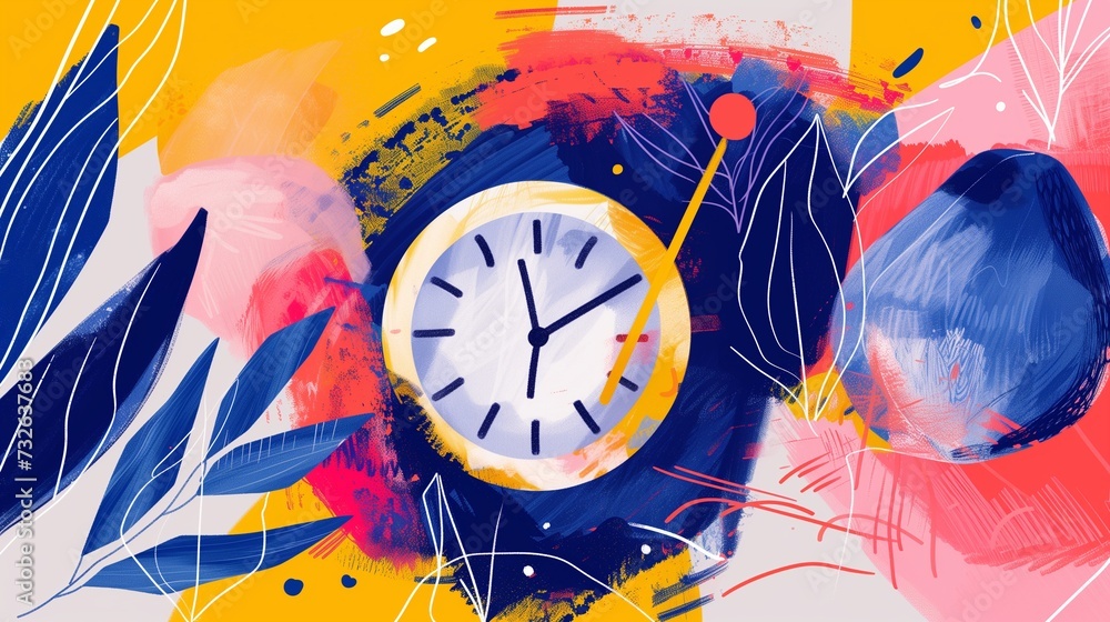 Poster an abstract illustration depicting the concept of time management, featuring a prominent clock at th