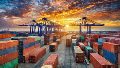 container cargo freight ship at sunset wallpaper Dramatic Sunset Over Industrial Shipping Container...