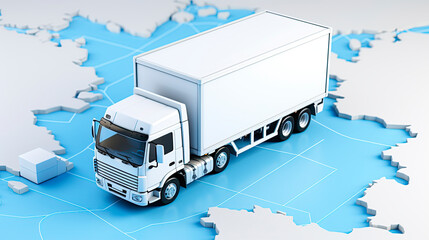 A white semi-truck on a map, symbolizing global logistics and transportation services. - obrazy, fototapety, plakaty