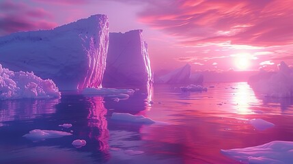 Iceberg lagoon at dusk, icebergs drifting slowly in the still water, the last light of day painting the scene in soft pastels - obrazy, fototapety, plakaty