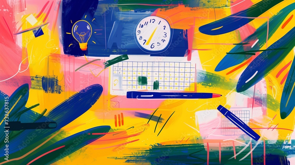Poster an abstract illustration depicting a time management concept with a stylized calendar at the center 