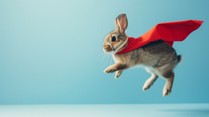 Fototapeta na wymiar Superhero Bunny, Cute bunny with a red cloak jumping and flying on light blue background with copy space. The concept of a superhero, super bunny, leader, funny animal studio shot. 