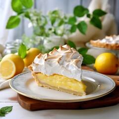 Lemon tart with meringue and fresh lemons on wooden table