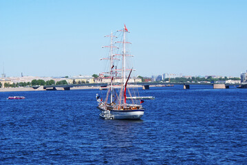 Sailing retro ship, walk along the river, bay. Sailing vessel. © Elena Shap