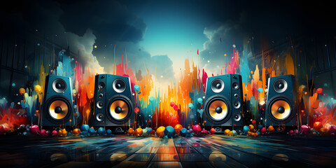 Artistic depiction of vibrant music explosion from speakers on a dramatic, abstract background - obrazy, fototapety, plakaty