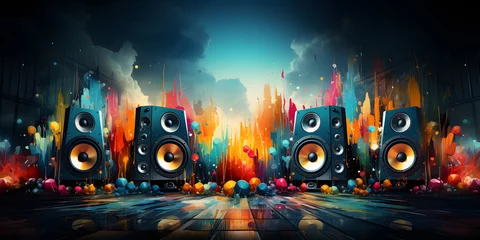 Foto op Plexiglas Artistic depiction of vibrant music explosion from speakers on a dramatic, abstract background © ImagineStock