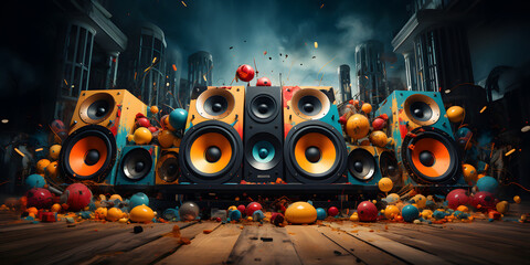 A trio of speakers immersed in a chaotic explosion of colorful splashes on an urban backdrop - obrazy, fototapety, plakaty