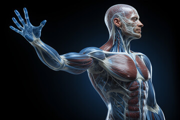 Highly detailed visualization of the human muscular and circulatory systems in a male figure