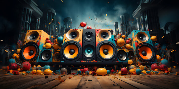 A trio of speakers immersed in a chaotic explosion of colorful splashes on an urban backdrop
