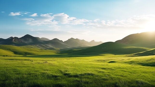 Panoramic of grassy hills swaying in the breeze and  mountains  background