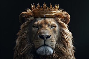 Portrait of a serious lion with a golden crown on his head isolated on a dark empty background with...