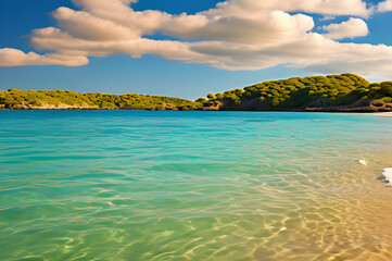 Fototapeta premium Panoramic View of Pristine Beach: Turquoise Waters Meet Golden Sands Beneath Clear Blue Sky - Nature's Tranquil Haven