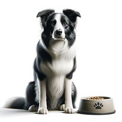border collie dog and food bowl on a white background