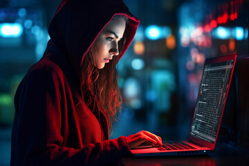 Young woman with a hood on her head in front of laptop screen. Cyber crime concept, hacker, network...