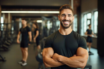 Fototapeta na wymiar Attractive muscular man in sportswear stands against the backdrop of a gym and exercise equipment. Personal trainer in a sports club smiles and looks at the camera.