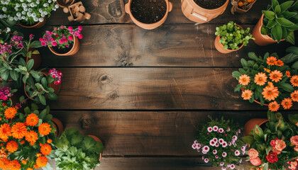transplanting with flower background at wooden table. top view