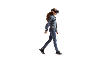 woman walking with virtual reality glasses, full body, transparent, isolated on white