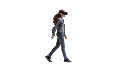 woman walking with virtual reality glasses, full body, transparent, isolated on white