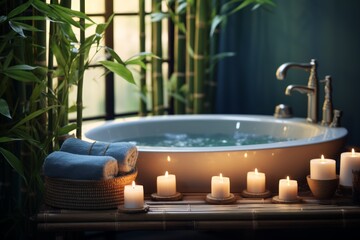 A tranquil spa environment featuring a jacuzzi surrounded by bamboo with scented candles and towels near. Asian style. - obrazy, fototapety, plakaty